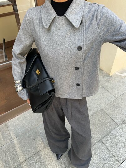 FavEase Women's Solid Color Long Sleeve Single-Breasted Casual Overcoat