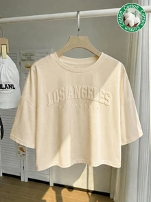 SHEIN EZwear 休閒簡約鮮豔杏色印花圖案圓領短袖短版女款T恤，適合夏季 - 杏色 - 查看 1