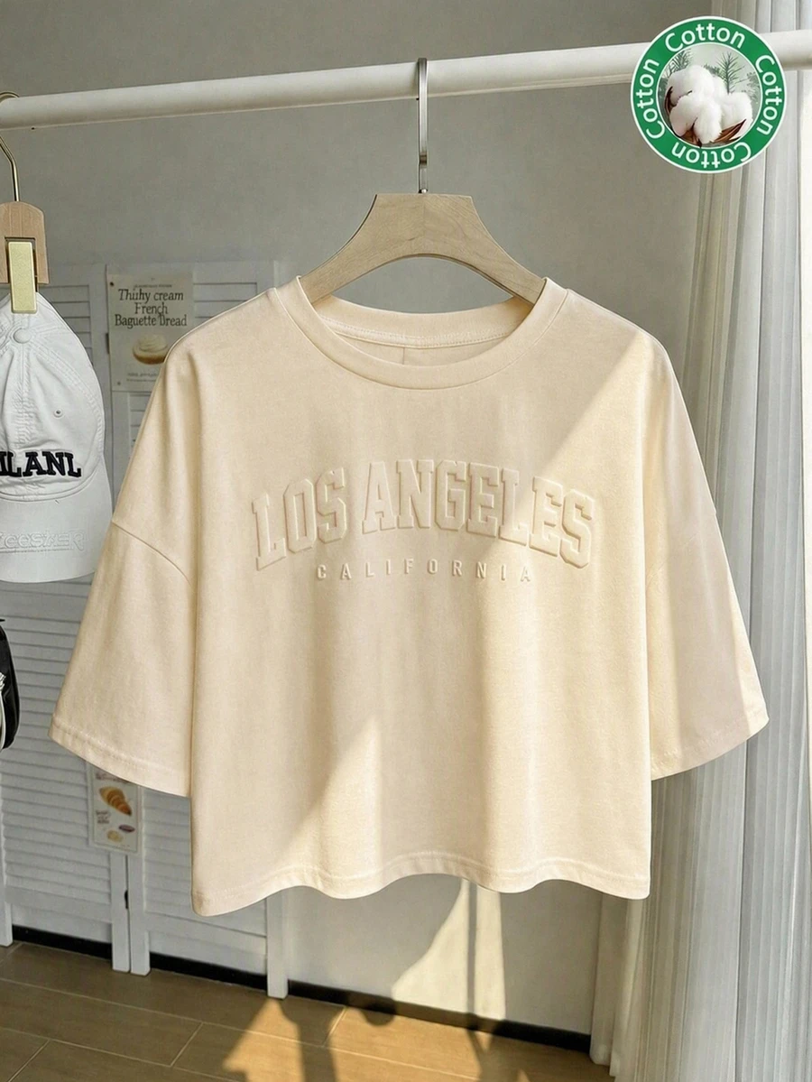 SHEIN EZwear 休閒簡約鮮豔杏色印花圖案圓領短袖短版女款T恤,適合夏季 - 杏色 - 查看 1