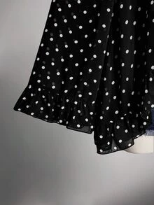SHEIN ICON Áo sơ mi chiffon cổ chữ V thắt nơ ruy băng, tay chuông rộng, chấm bi phong cách vintage Y2K, xuyên thấu, viền bèo nhún, dáng rộng, size lớn - Đen và trắng - Xem 7