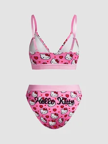 Chillnights HELLO KITTY AND FRIENDS | SHEIN 2pcs Bra Segitiga Pink dengan Bantalan Cup, Motif Cetak Seluruh Permukaan, Set Pakaian Dalam Wanita yang Manis & Imut - Berwarna merah muda - View 2