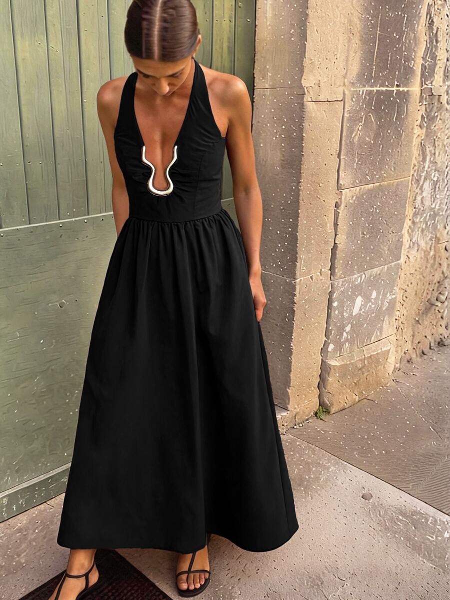 Travachic Elegant Sexy Backless Halter Neck Dress Night Out Vacation Black And Silver Summer - Black - View 1