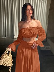 Opulessa 春夏度假女款純色梭織露肩上衣與裙子兩件套 - 亮橙色 - 查看 6