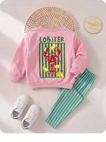 SHEIN Conjunto de sudadera con estampado de dibujos animados & pantalones a rayas para bebé niña - Rosa - Ver 2