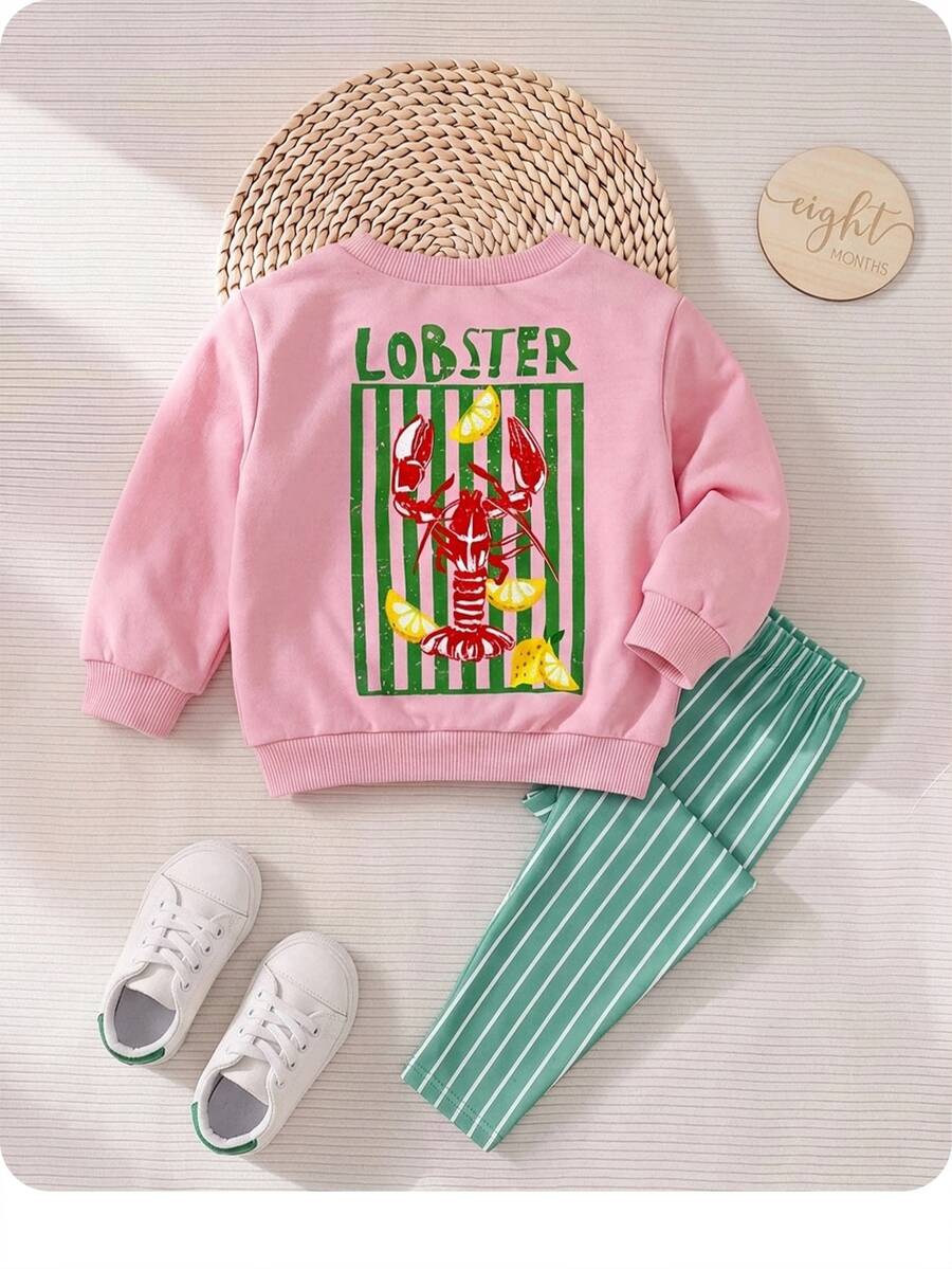 SHEIN Baby Girl Cartoon Pattern Sweatshirt & Striped Pants Set - Pink - View 1