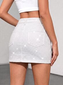 SHEIN ICON 女款水鑽裝飾口袋時尚牛仔緊身裙 - 白色 - 查看 2