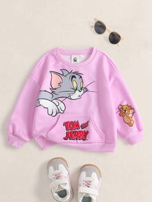 TOM & JERRY X SHEIN بلوزة رياضية بياقة دائرية مطبوعة برسومات كرتونية للفتيات الصغيرات - وردي - مشاهدة 1