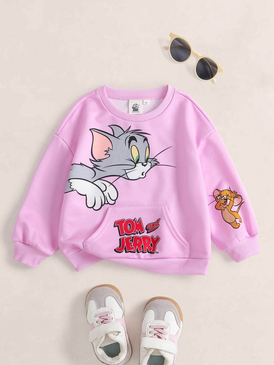 TOM & JERRY X SHEIN بلوزة رياضية بياقة دائرية مطبوعة برسومات كرتونية للفتيات الصغيرات - وردي - مشاهدة 1