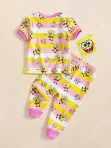 SpongeBob SquarePants | SHEIN Baby Girl Striped Short Sleeve Top And Long Pants Loungewear Set - Pink - View 2
