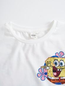 SpongeBob SquarePants | SHEIN 青少年女孩圓領短袖休閒T恤 - 白色 - 查看 3