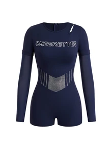 SHEIN Cheerettes 字母印花修身運動連身褲 - 藍色 - 查看 3
