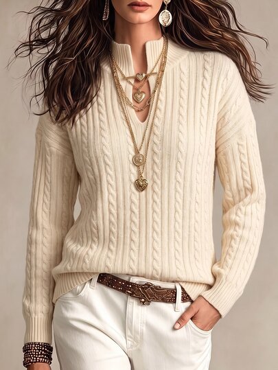 SHEIN Franclia Women's Stand Collar Metal Button Lazy Long Sleeve Pullover Sweater, Casual Knitted Autumn/Winter Top, Autumn/Winter Beige Loose Fit Top, Fashionable Daily Versatile Twisted Rope Long Sleeve Pullover Sweater