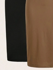 SHEIN LUNE 2件裝黑色休閒素色鉛筆中長裙 - 彩色 - 查看 3