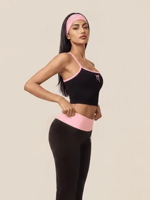 SHEIN BAE 女款黑色與粉色亮粉色短版背心高腰喇叭褲套裝 健身運動訓練跑步瑜珈運動 Y2K 運動休閒套裝 秋季 - 黑色 - 查看 8