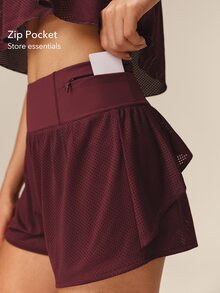 OutZeal Women Sports Shorts Summer Running Gym Workout High Waist Ruffled Hem With Zip Pocket - Burgundy - View 4
