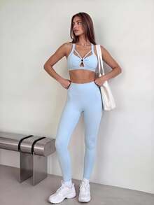 Dewbera Dewbera Setelan Olahraga Wanita Atasan Halter Tanpa Punggung dan Legging - Baby Blue - View 1