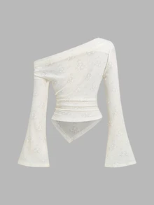 Sweetra Sexy Asymmetrical Hem Textured Fabric Asymmetrical Shoulder Versatile Top - Apricot - View 2
