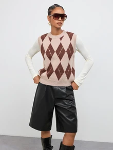 Maija Grey-Brown Plaid Sleeveless Sweater For Women, Urban Casual - Grey - View 3