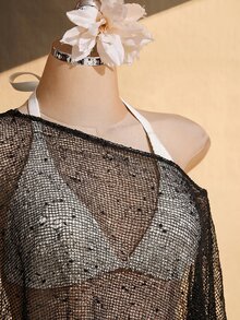 SHEIN ICON 女款大尺碼春夏網紗鏤空杏色上衣 - 黑色 - 查看 4