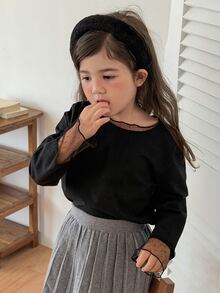 Dazy Kids 女童寬鬆休閒長袖布料拼接直筒上衣 T-shirt 秋季 - 黑色 - 查看 2