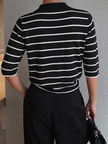 DAZY Women's Collared Striped Pullover Short Sleeve Sweater - Black and White - View 3