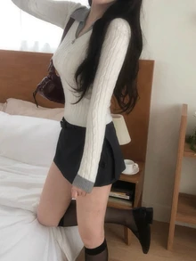 DAZY Suéter de mujer con cuello de solapa de color contrastante, manga larga, estilo coreano para otoño/invierno - Gris - Ver 5
