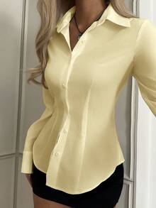 SHEIN EZwear 女款休閒收腰長袖鈕扣襯衫，適合秋冬穿著 - 鵝黃色 - 查看 6