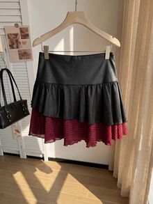 Comfortcana Plus Size Plaid Patchwork Black Skirt - Multicolor - View 2