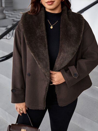 Reflora Chaqueta de lana para mujer talla grande, elegante chaqueta de lana larga de invierno con solapa y patchwork de piel