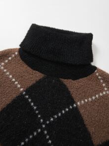 SHEIN PariChic Women Argyle Turtleneck Knit Two Pieces Outfit, Long Sleeve Plaid Sweater + Mini Skirt Matching Set, - Apricot - View 7