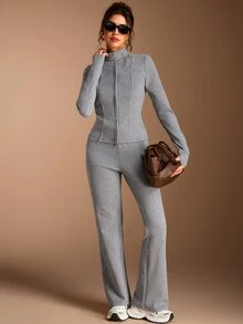 SHEIN BASICS Women's Minimalist Soft Casual Athleisure Zipper Long Sleeve Sweatshirt Drawstring Waist Flared Pants 2 Pieces Set Gym Travel Lounge Grey Winter - Dark Grey - View 4