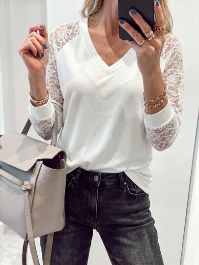 Louniche Women's White Solid Color Sweatshirt With Sheer Lace Trim, Casual V-Neck Top, Versatile For Layering Or Wearing Alone