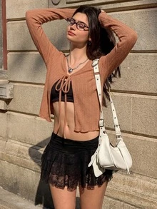 MainGRL Women's Sweet Textured Tie-Front Long Sleeve Knit Cardigan For Party - Khaki - View 7