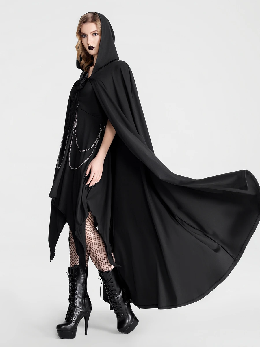 Breakform Halloween Gothic Style Women's Fashion Solid Color Hooded Velvet Lace-Up Open Front Oversized Cape Coat - Black - View 1