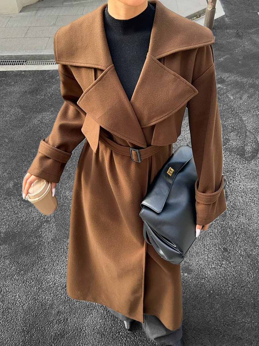 FavEase 2026 Autumn-Winter New Style Women's Tweed Coat With Belt, Buttoned Collar, Elegant For Business, Evening Out, Festive Wear, Basic Long Style Party - Brown - View 1