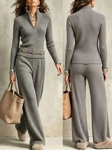 SHEIN LUNE Setelan Kasual Wanita 2 Potong: Kaos Polos dan Celana Panjang, Musim Gugur/Dingin - Grey - View 2