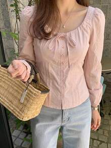 Dazy Tall Women's Large Scoop Neck Long Sleeve Casual Pink Blouse Vacation - Pink - View 7