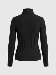 SHEIN 青少年女孩秋冬款白色毛絨針織高領休閒修身紋理羅紋打底衫，百搭極簡風T恤上衣 - 黑色 - 查看 3