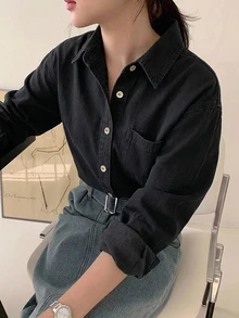 DAZY 淺洗藍色領口口袋寬鬆長袖牛仔襯衫，適穿春夏秋 - 黑色 - 查看 3