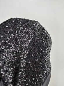 Elamini Gaun Mini Pesta Wanita Hitam dengan Patchwork Sekuin, Kerah V Seksi dan Tali Halter Ikat - Hitam - View 3