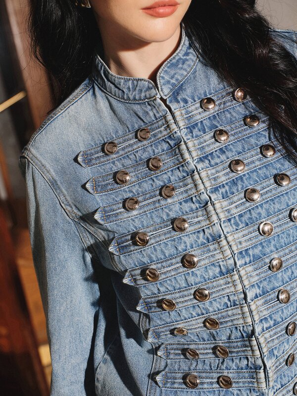 Anewsta Women's Fashion New Design Heavy-Duty Button Blue Jeans Jacket