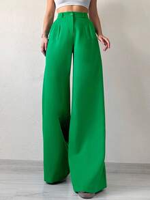 SHEIN Petite Solid Color Wide Leg Casual Long Suit Pants - Green - View 1