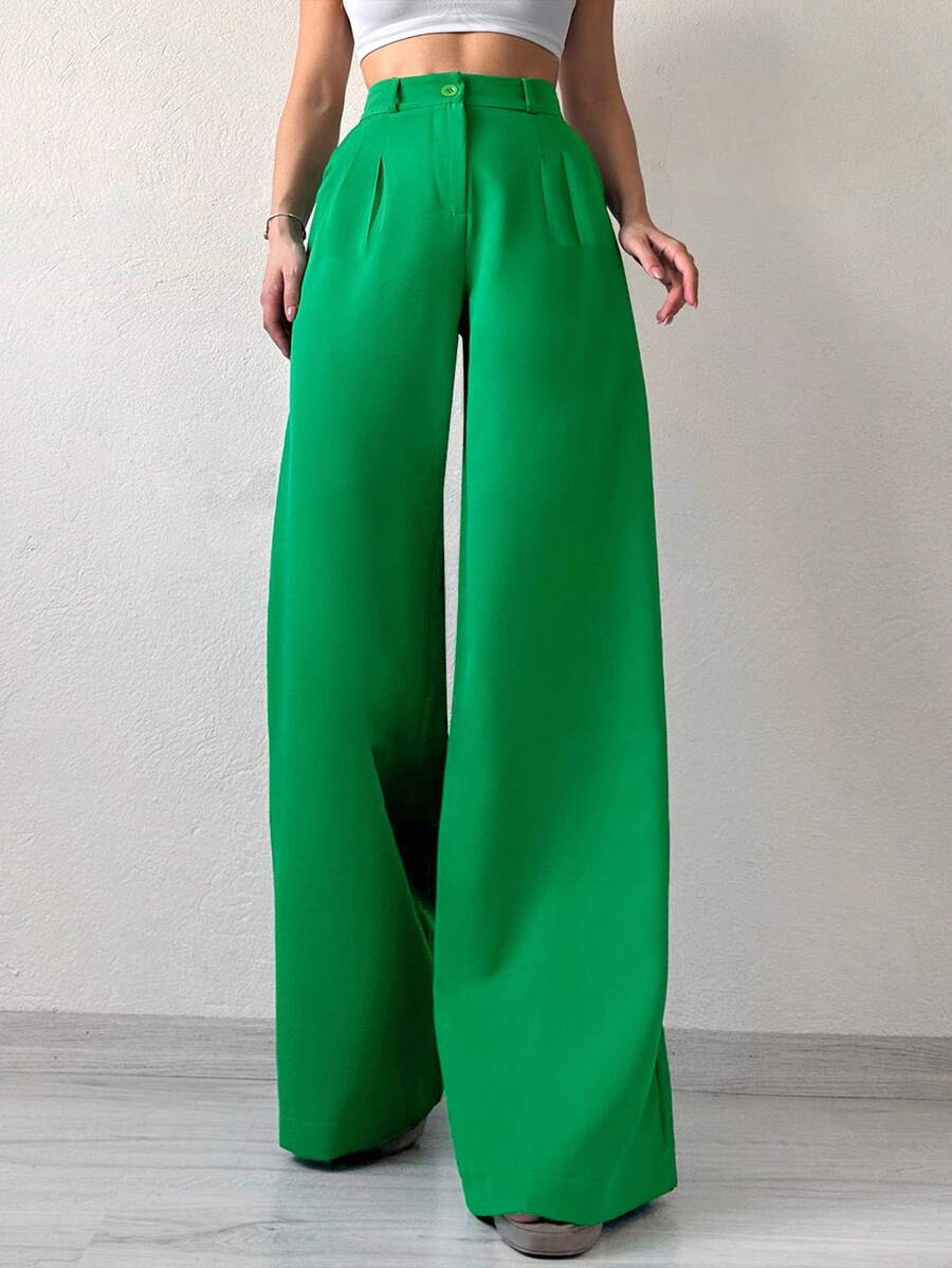 SHEIN Petite Solid Color Wide Leg Casual Long Suit Pants - Green - View 1