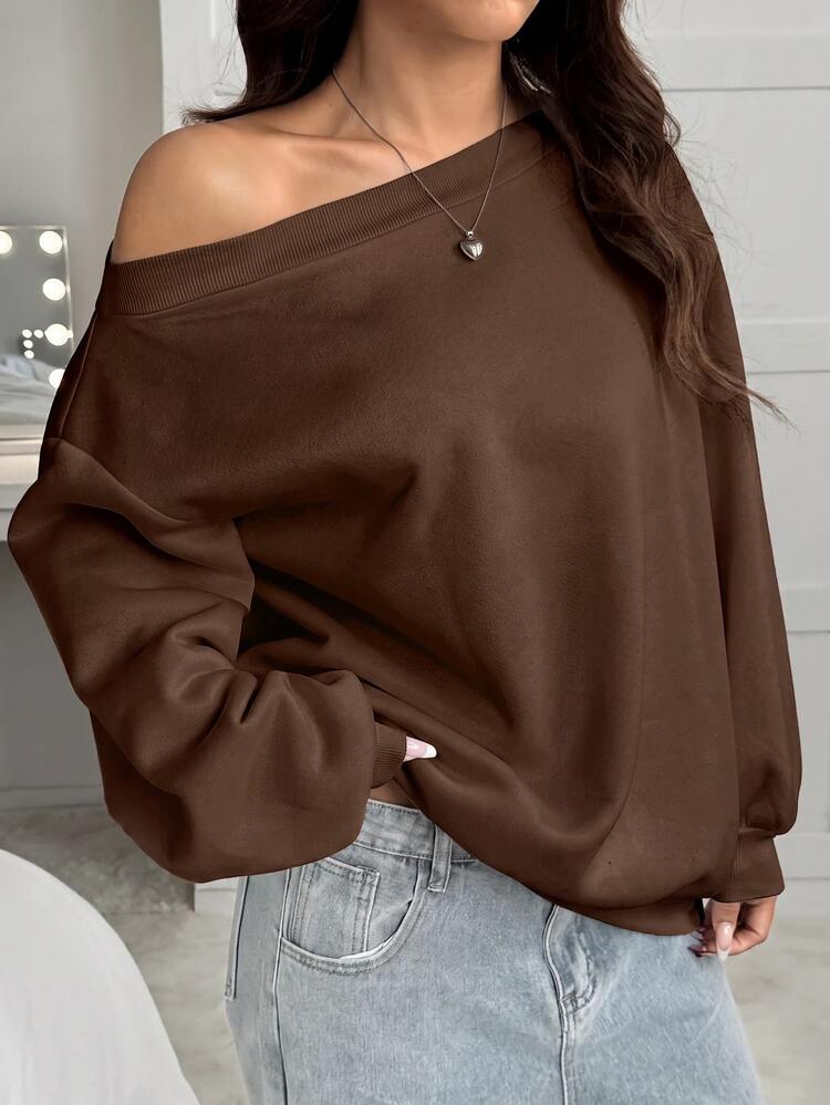 SHEIN EZwear Women's Loose Brown Thermal Lined Asymmetrical Shoulder Sweatshirt, Autumn/Winter - Brown - View 6
