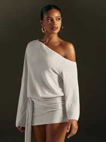 Hauture Women's Sexy Casual Cold Shoulder Mini Dress Long Sleeves With Side Drape Pre-Fall Office Brunch Commuter Going Out Casual Dates Light Grey - Apricot - View 3
