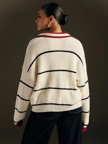 Hauture Sweater Rajut Bergaris Kerah Polo Gaya Retro Amerika untuk Wanita, Atasan Pullover Lengan Panjang Longgar dan Santai untuk Perjalanan Sehari-hari - Red and White - View 5