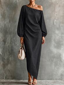 Omancia Gaun Kasual Longgar dengan Bahu Asimetris, Lengan 3/4, Motif Garis-garis untuk Wanita - Hitam dan Putih - View 4