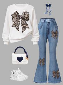 SHEIN Tween Girls' Autumn/Winter Leopard Print Bow Set, Fall Outfits, Fall Tops, Holiday Outfits, Casual, Comfortable - Multicolor - View 4