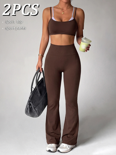 Mistrie 1 Set Bra Olahraga Tanpa Jahitan dengan Tali Silang di Belakang & Legging Lebar Pinggang Tinggi, Set Pakaian Olahraga Yoga Slim Fit