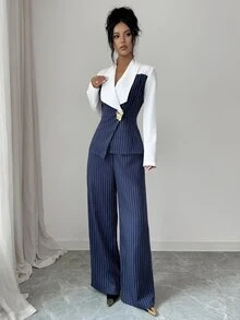 Elenzga Autumn Commute 2 Pieces Set Striped Patchwork Elegant Office Wear Women's 2 Pieces Set - Blue - View 8